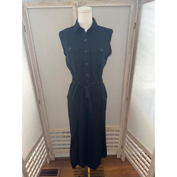 LOFT Black Linen Blend Sleeveless Jumpsuit Wide Leg Crop Utility Casual Size S - Picture 1 of 8